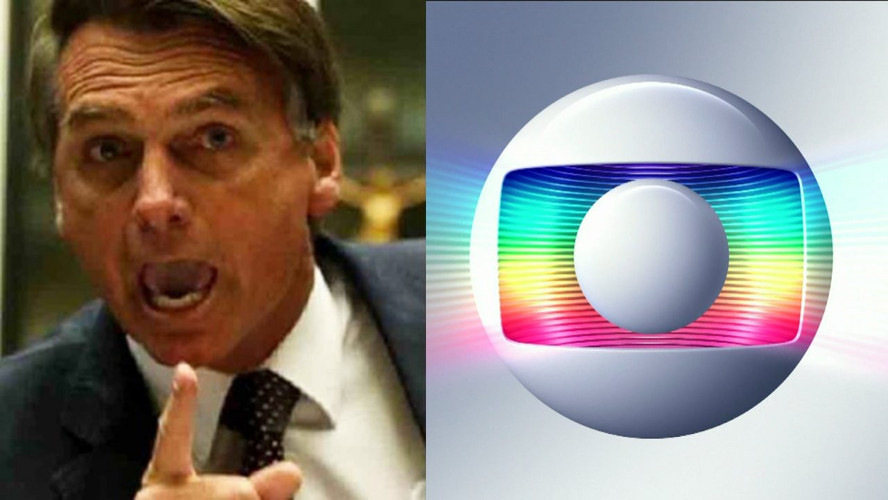 Montagem com a tela dividida, de um lado Bolsonaro com a boca aberta e o dedo em riste e do outro o logo da Globo