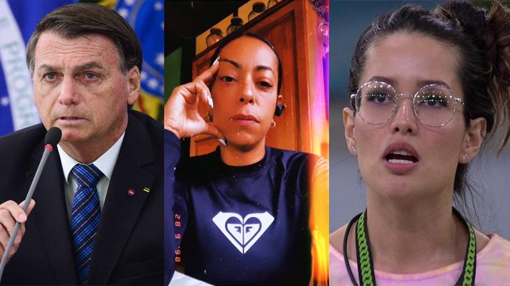 Jair Bolsonaro falando ao microfone, Samatha em vídeo séria; Juliette de boca abertano BBB21