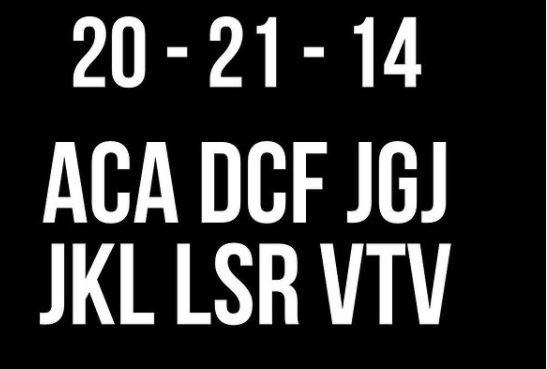  Foto com o fundo preto com o logo do BBB. Na imagem há os números “20 - 21 – 14” seguido das letras: "ACA DCF JGJ JKL LSR VTV"