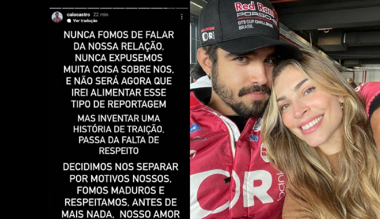 Print de texto postado por Caio Castro sobre fim de namoro negando traição e foto do ator abraçado com Grazi Massafera
