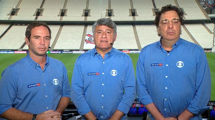 Caio Ribeiro, Cleber Machado e Walter Casagrande Jr. na última transmissão do Campeonato Paulista antes da paralisação, em 15 de março