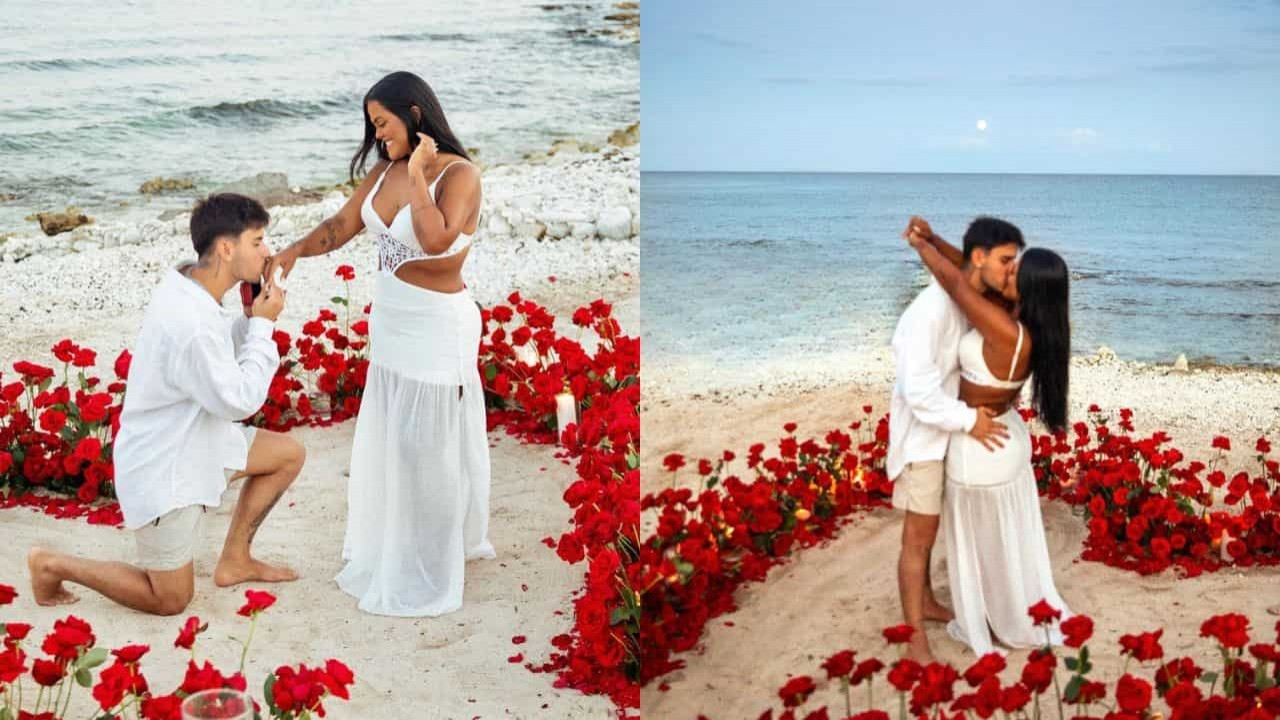 Montagem de fotos de pedido de namoro de Camila Loures na praia