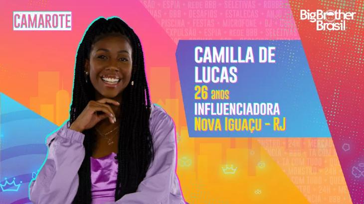 Cartaz do BBB21 com informações sobre Camilla de Lucas