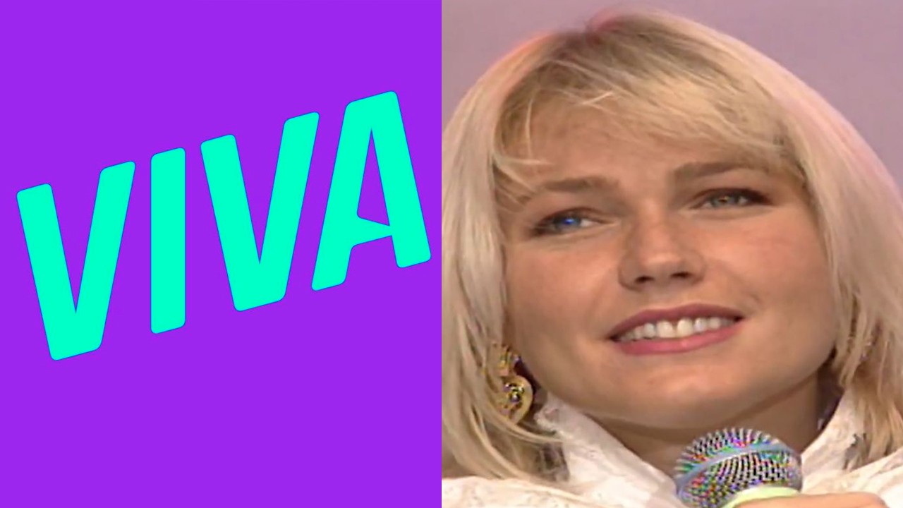 Logo Canal Viva; Xuxa em Sonho Meu segurando microfone