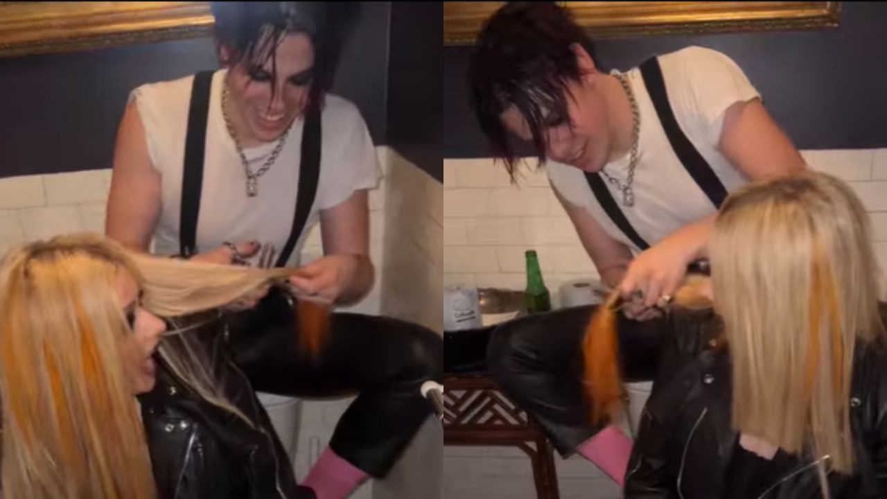 Montagem de duas fotos de Yungblud cortando o cabelo de Avril Lavigne
