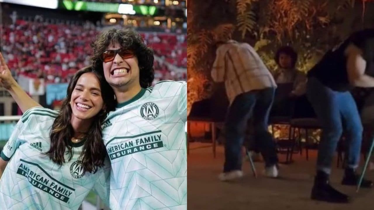 Montagem de fotos de Bruna Marquezine e Xolo Maridueña em estádio e ator em festa julina