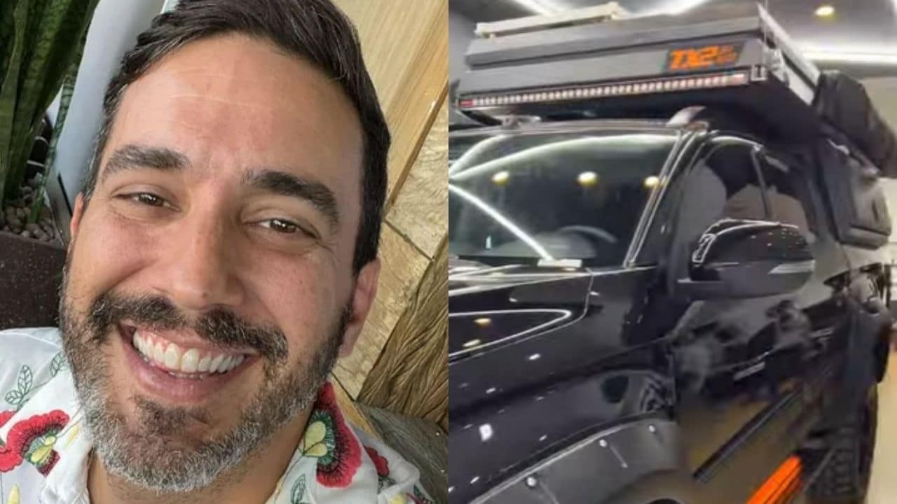 Montagem de fotos de André Marques sorrindo e o carro em que vai viajar o Brasil
