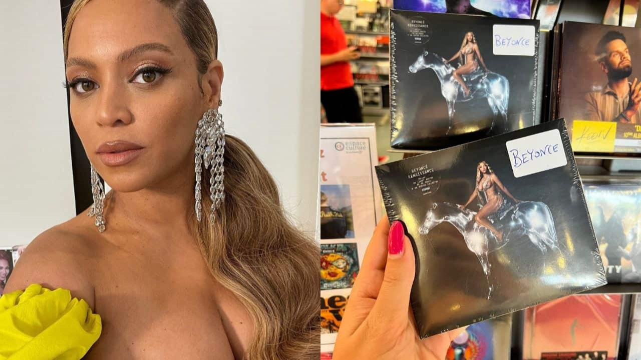 Montagem de foto de Beyoncé com foto de uma mão feminina segurando o disco Renaissance