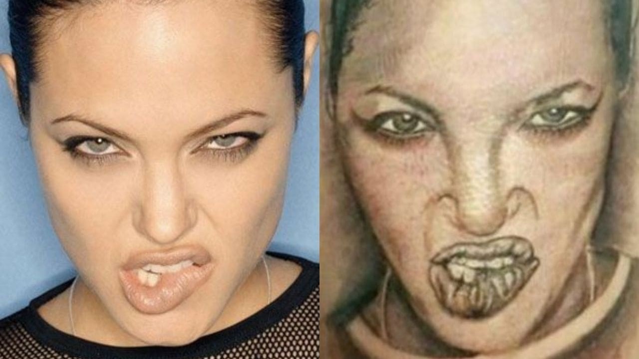 Montagem de fotos de Angelina Jolie e tatuagem
