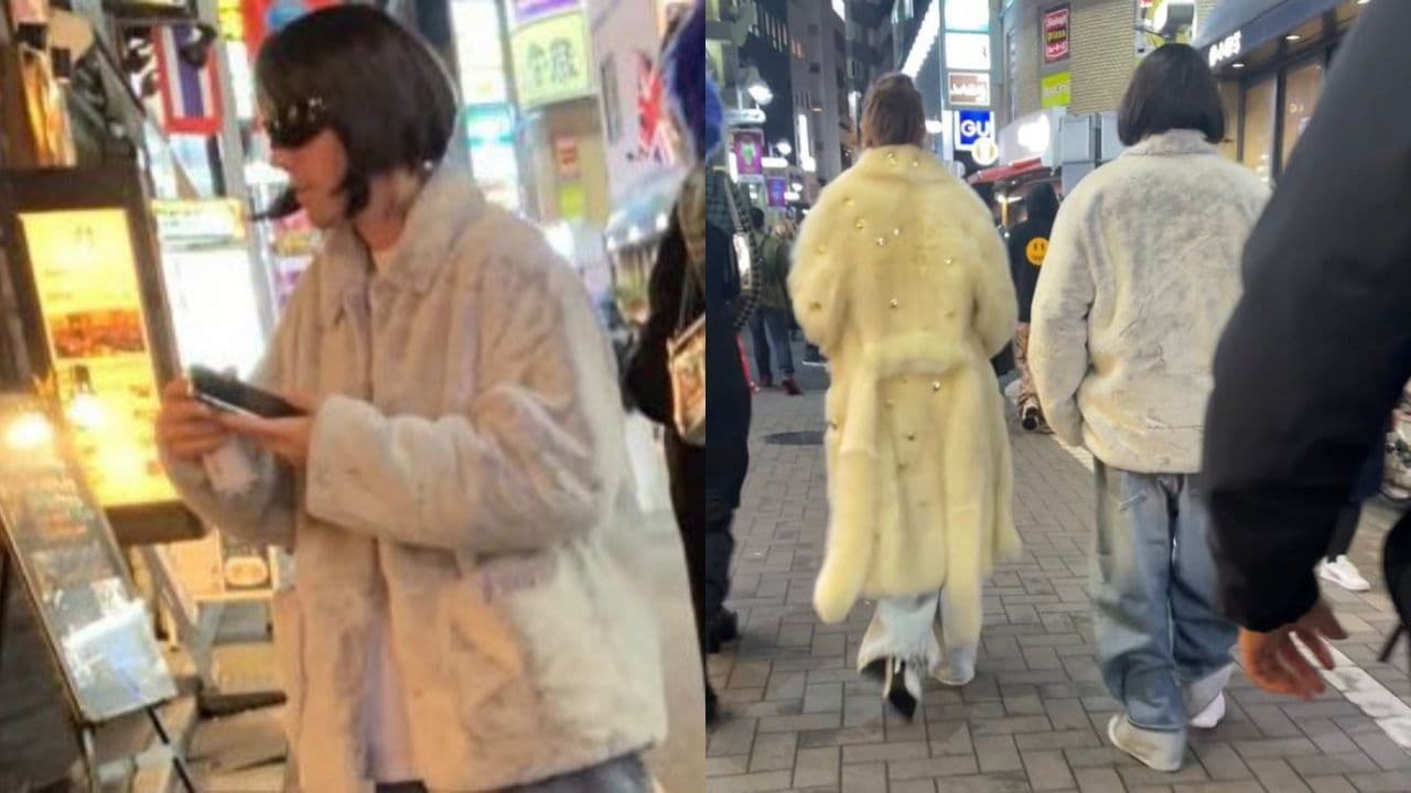 Montagem de fotos de Justin Bieber de peruca caminhando pelas ruas de Tóquio