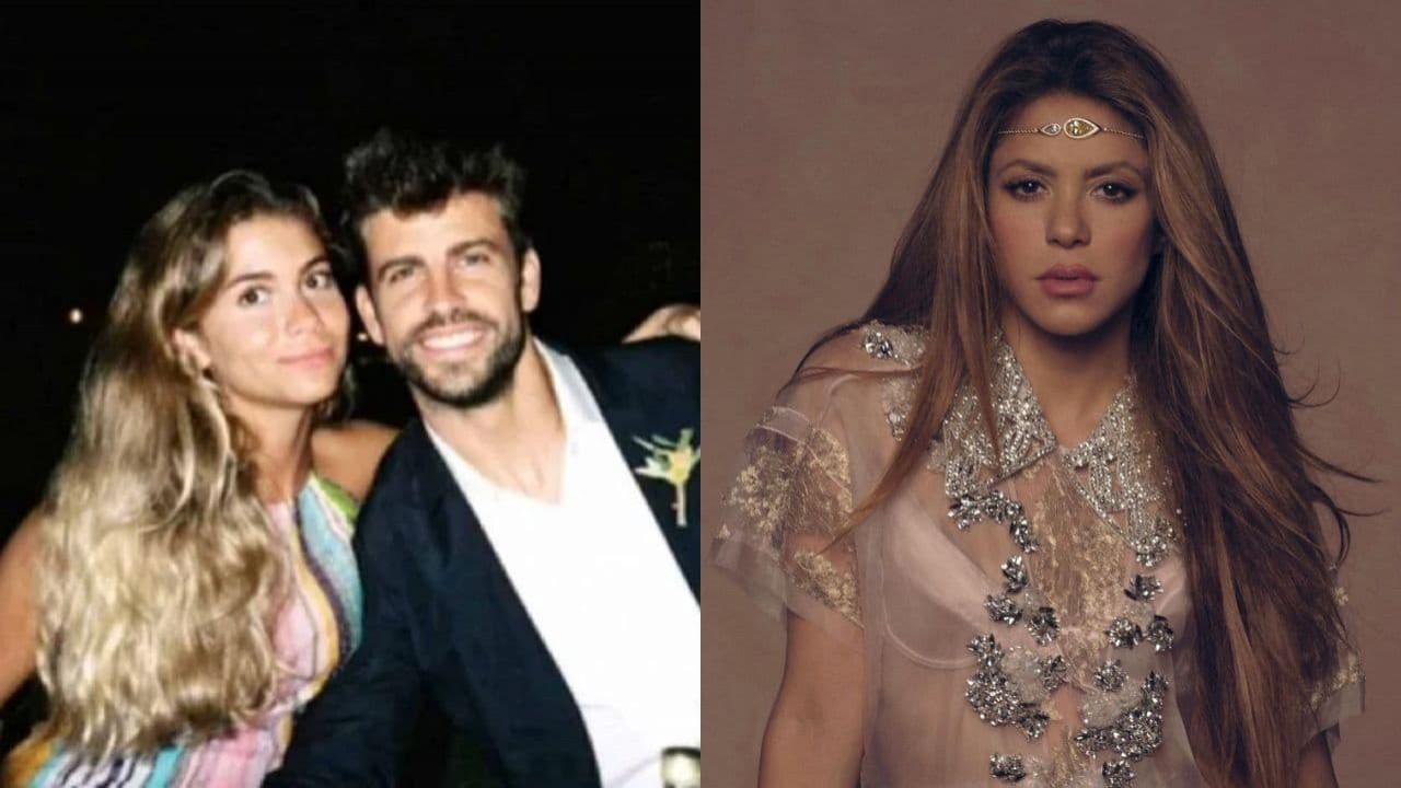 Montagem de fotos de Clara Chía com Piqué e Shakira sozinha