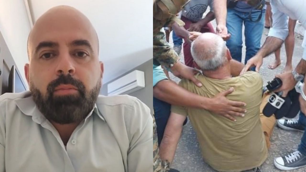 Montagem de fotos de Carlos Miranda falando e Rogério de Paula após ser agredido