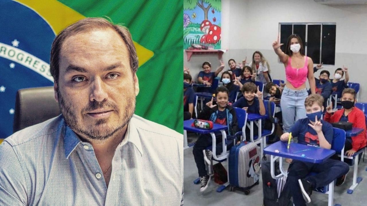 Montagem de fotos de Carlos Bolsonaro e Larissa Tomásia com alunos em escola