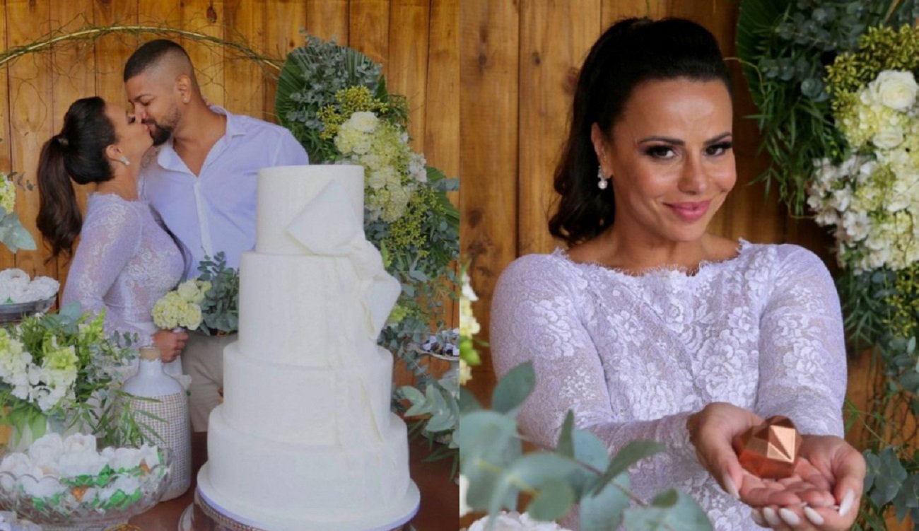 Viviane Araújo e Guilherme Militão se beijam e a atriz posa com vestido branco no seu casamento do civil