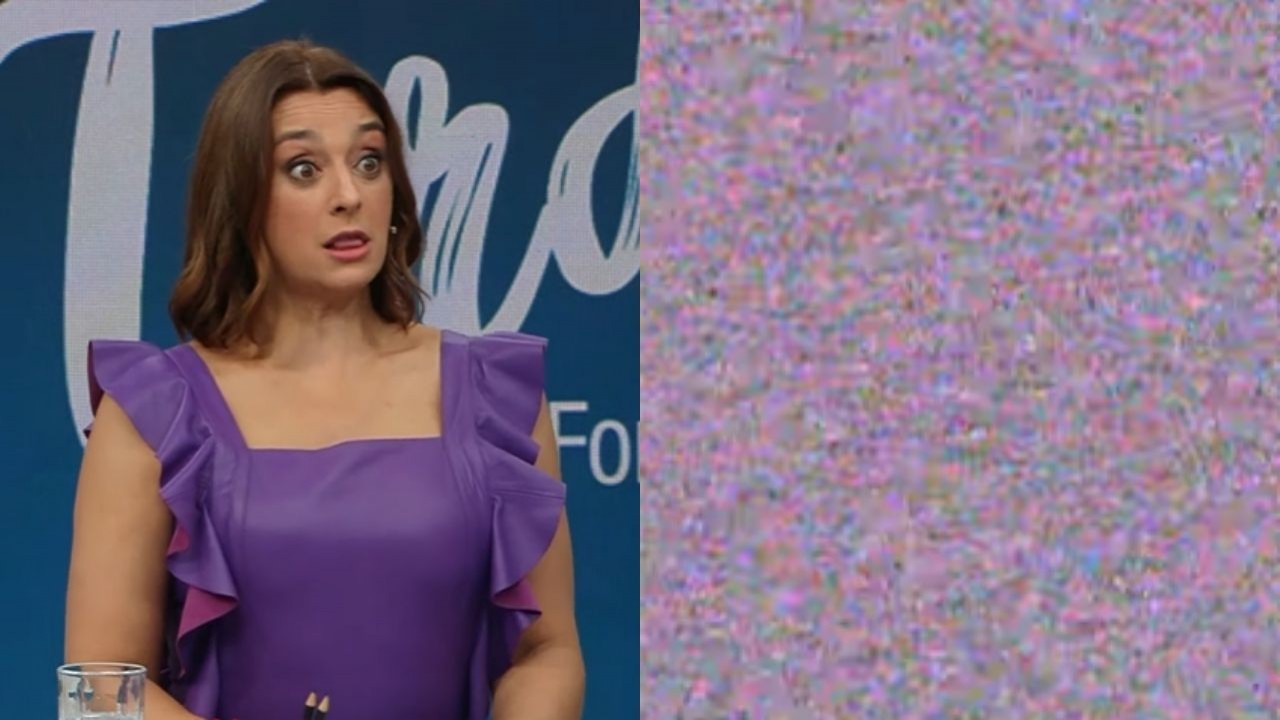 Catia Fonseca de roupa roxa assustada com falha na câmera e imagem do "chuvisco"