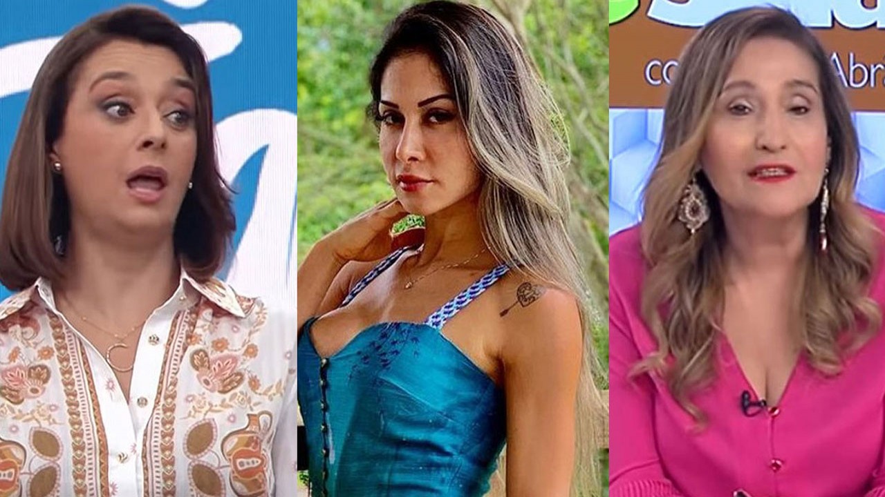 Catia Fonseca de boca aberta no Melhor da Tarde; Sonia Abrão na bancada do A Tarde é Sua com tela dividida com Maira Cardi e Arthur Aguiar