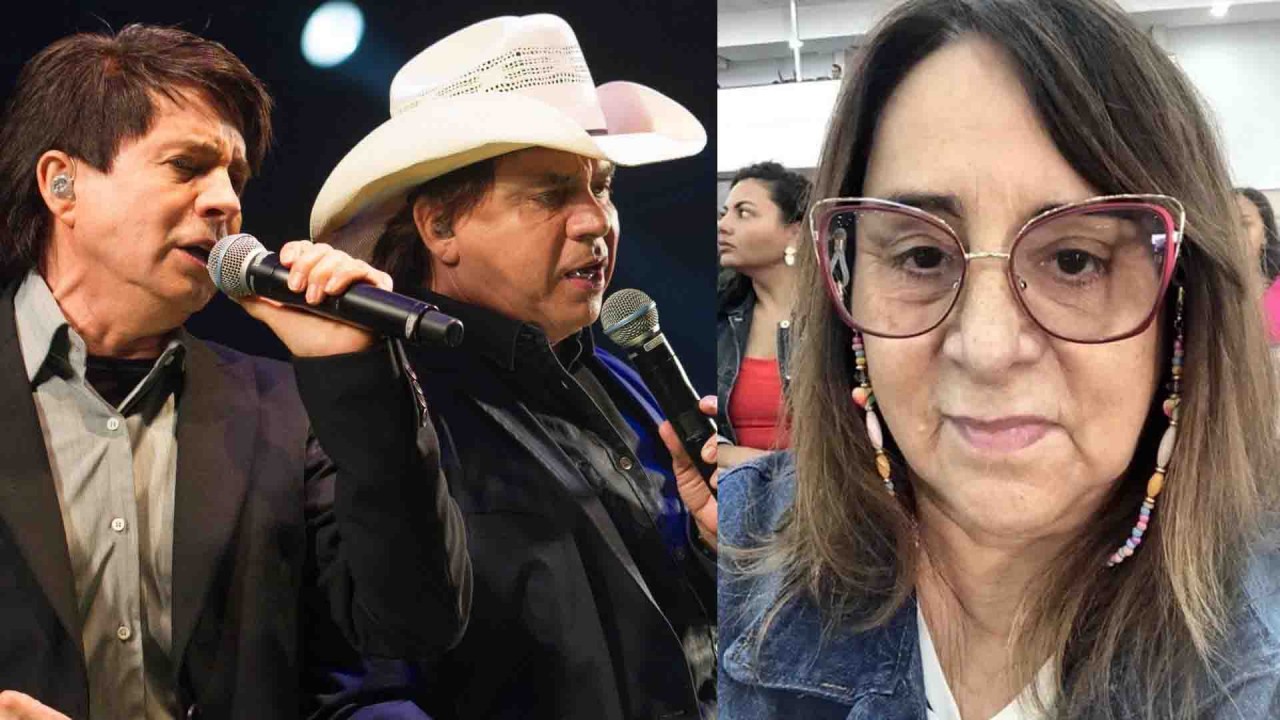 Chitãozinho e Xororó em show cantando com microfone na mão; Rosália Lima fazendo selfie