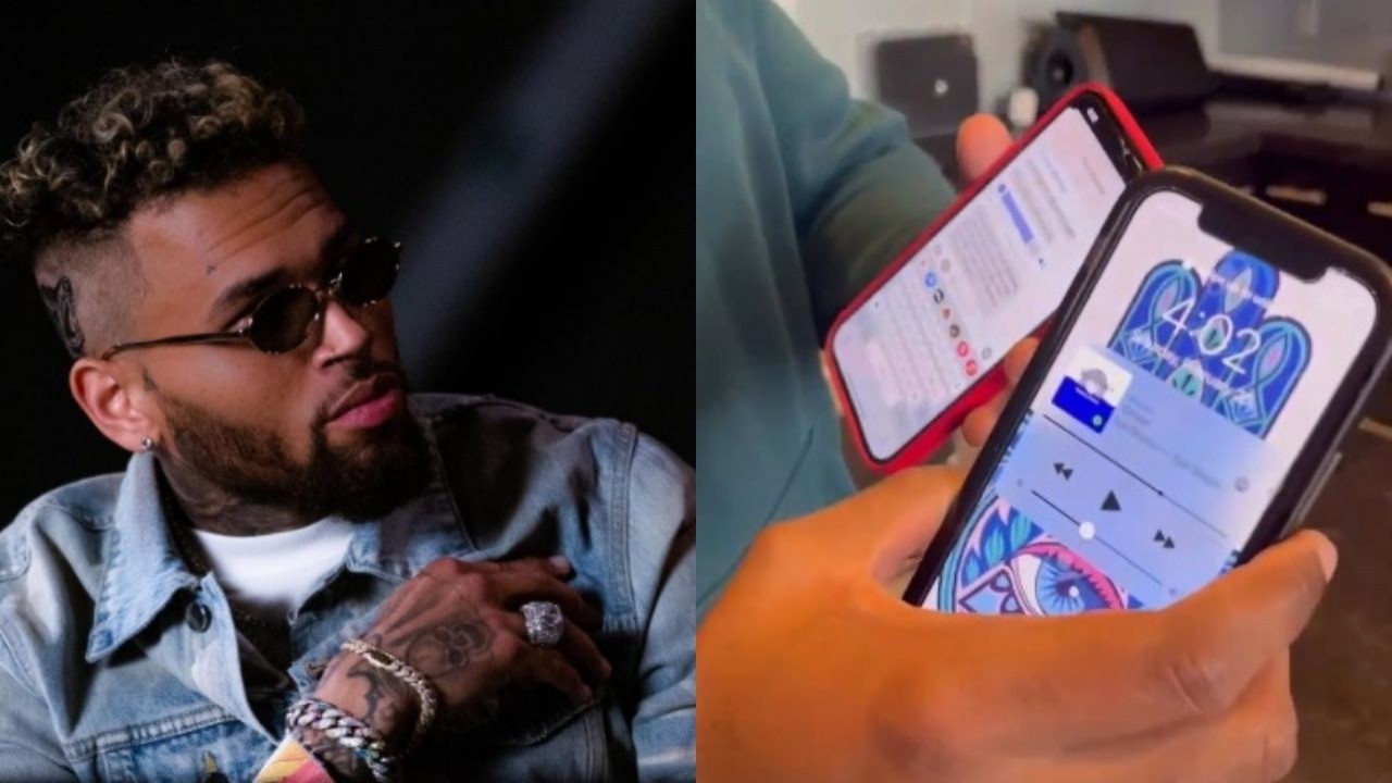 Montagem de foto de Chris Brown e imagens do celular