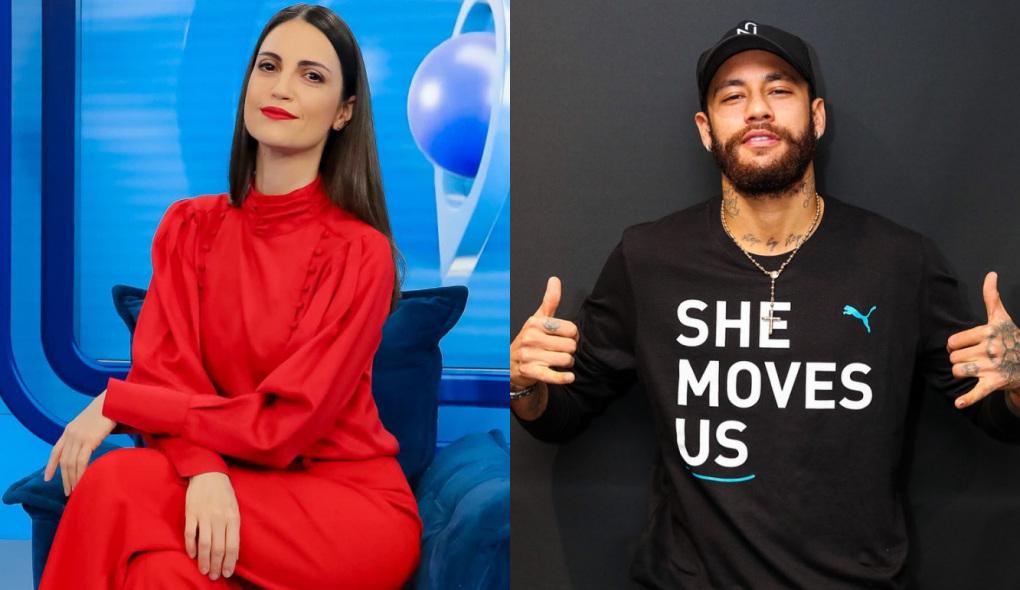 A apresentadora Chris Flores sentada em um sofá azul e o jogador Neymar, de barbae boné
