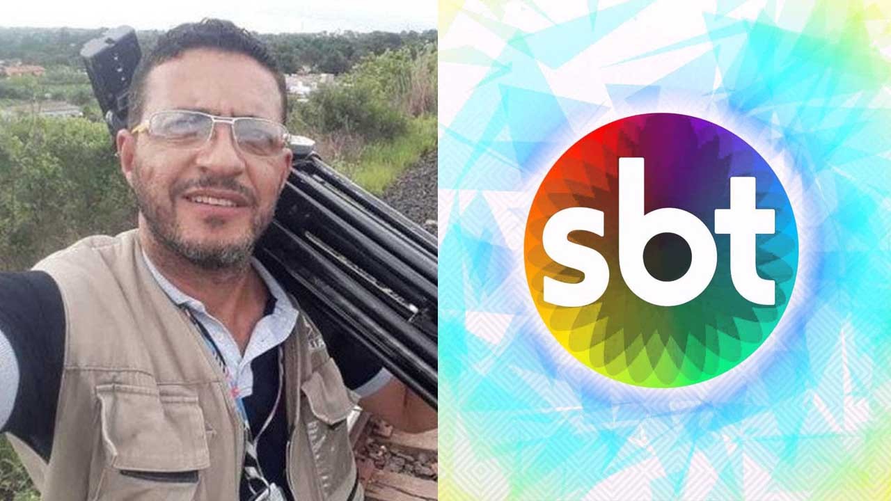 Selfie do cinegrafista segurando um tripé; Logo SBT