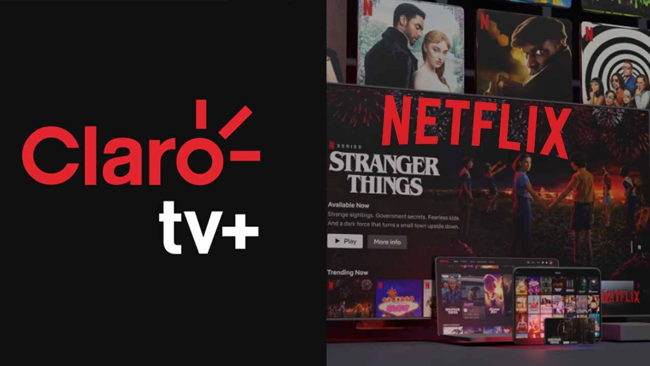 Montagem com a logo da Claro TV+ e Netflix