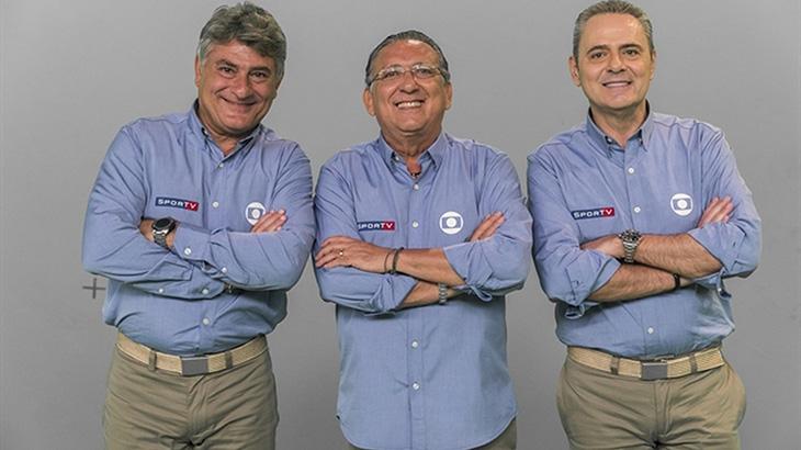 Os narradores Cleber Machado, Galvão Bueno e Luis Roberto, da Globo