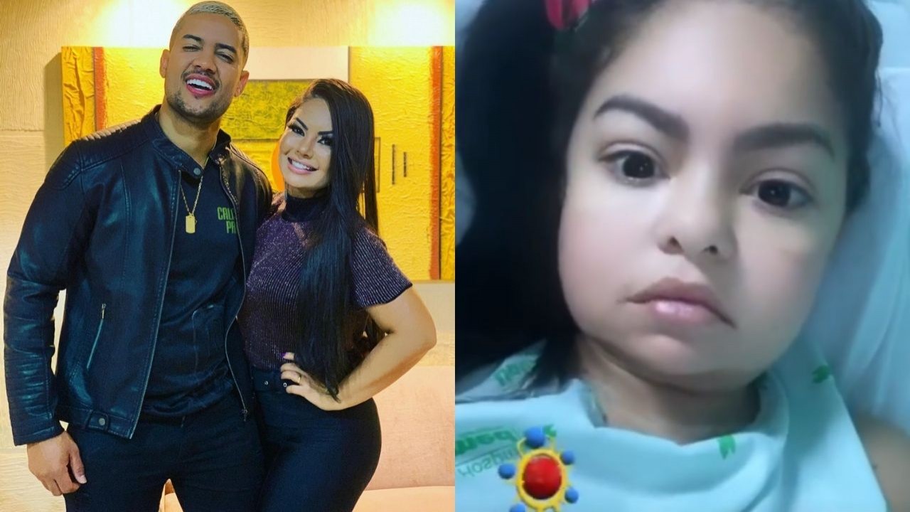 Montagem de fotos de Clevinho Santos e Paulinha Abelha e cantora no hospital