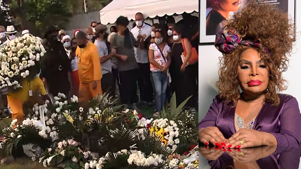 Pessoas observam funcionário colocando coroas de flores no túmulo de Elza Soares; Elza Soares posada