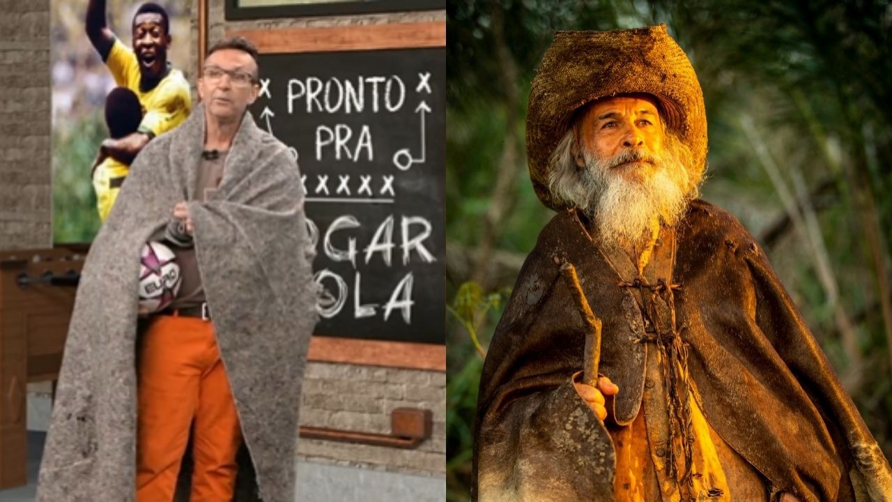 Montagem de fotos de Neto com cobertor e Osmar Prado caracterizado como Velho do Rio
