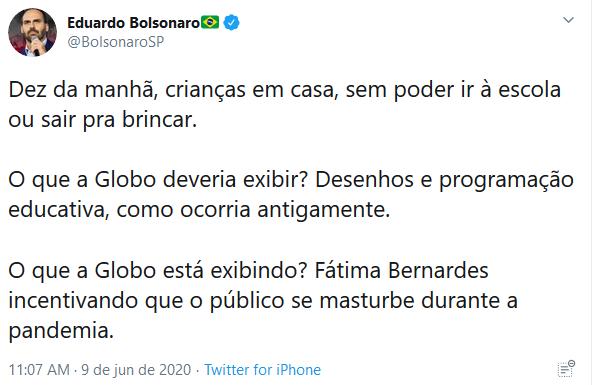 Filho de Bolsonaro critica Fátima Bernardes: \"Incentivando que o público se masturbe\"