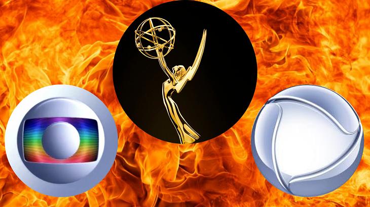 Logo tipo da Globo e da Record e troféu do Emmy Internacional