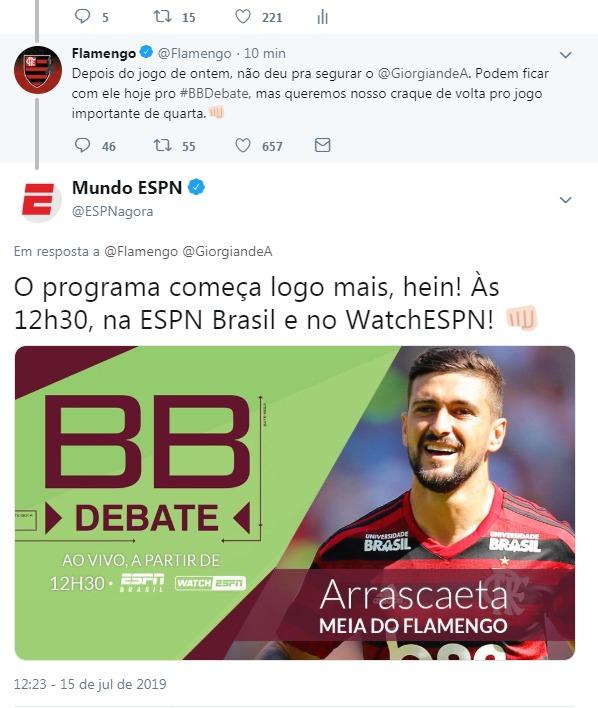 ESPN e Flamengo interagem na web para anunciar jogador destaque do fim de semana