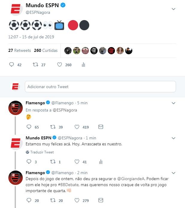 ESPN e Flamengo interagem na web para anunciar jogador destaque do fim de semana
