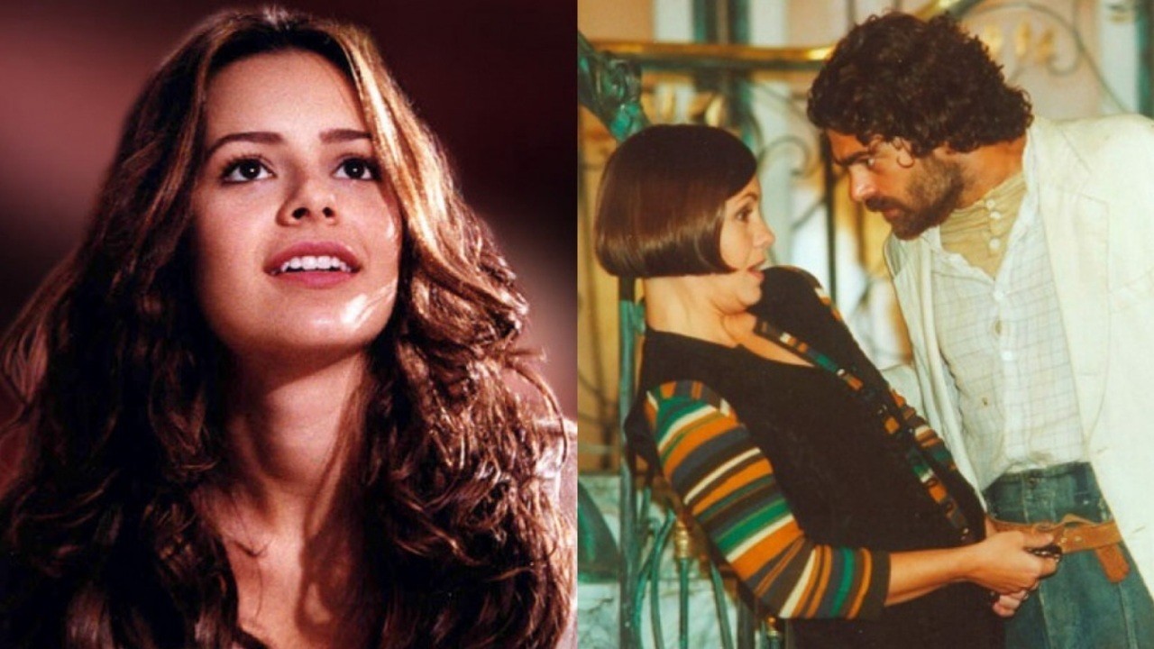À esquerda, Sandy na novela Estrela-Guia; à direita, Adriana Esteves e Eduardo Moscovis em O Cravo e a Rosa, atualmente em reprise na Globo