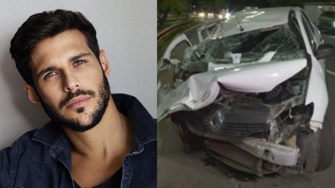 Rodrigo Mussi posado sério; Carro branco acidentado