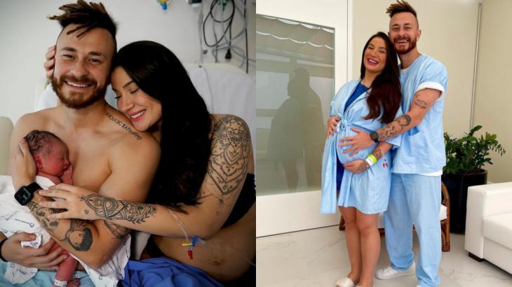 Montagem de fotos de Fred e Bianca Andrade sorridentes com o fiho recém-nascido Cris e com o casal abraçado com a mão na barriga de Boca Rosa pouco antes de dar à luz