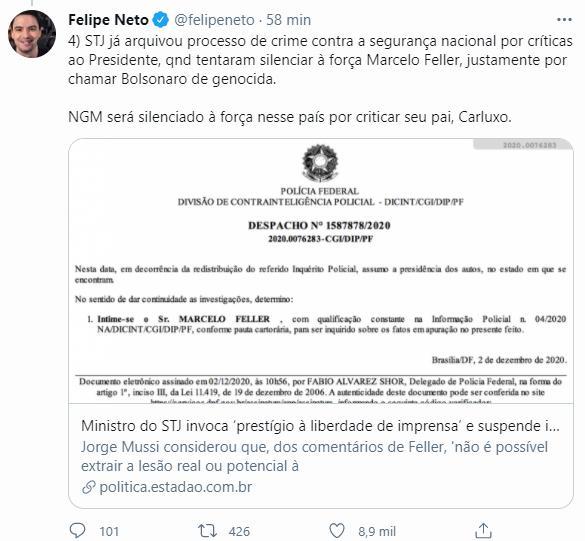 Felipe Neto ironiza delegado que o intimou após denúncia do filho de Bolsonaro