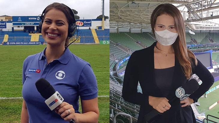 A jornalista Fernanda Arantes no canal pago SporTV, em 2019, e no SBT, atualmente