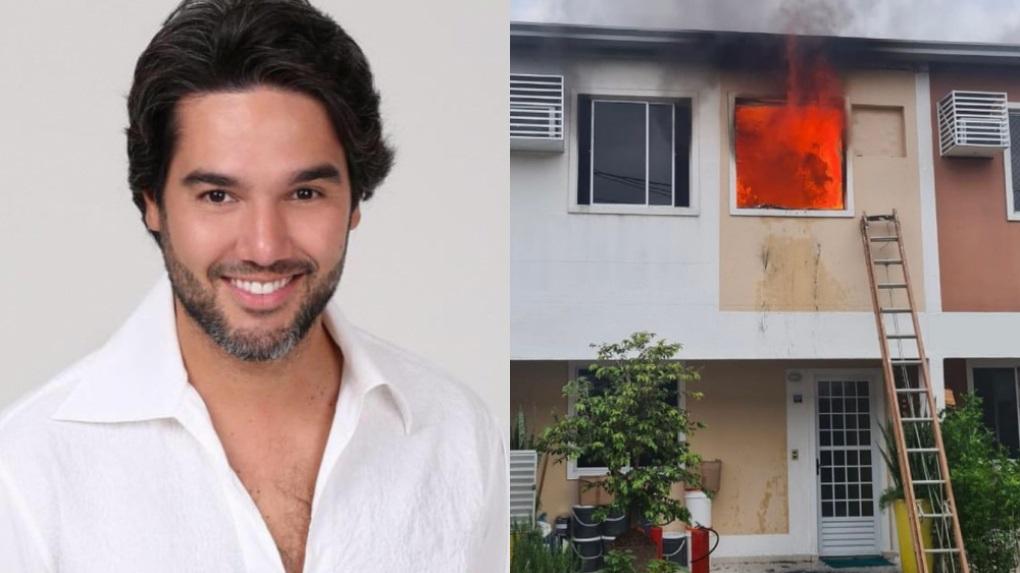 Fernando Sampaio posado; casa do ator pegando fogo