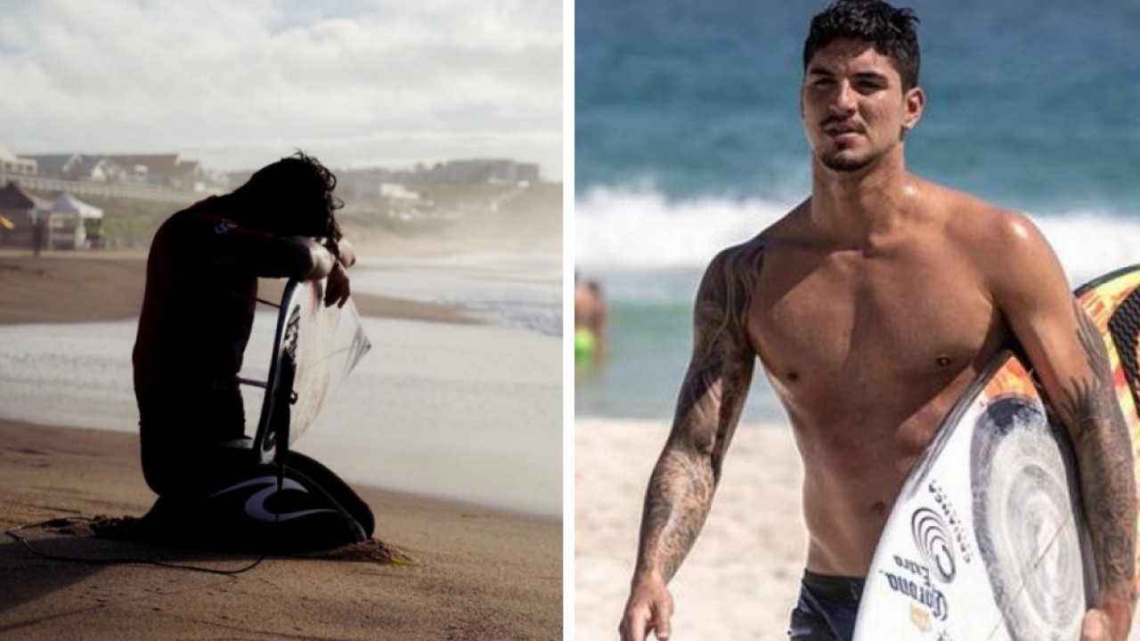 Gabriel Medina na praia orando e saindo da praia com prancha debaixo do braço em montagem