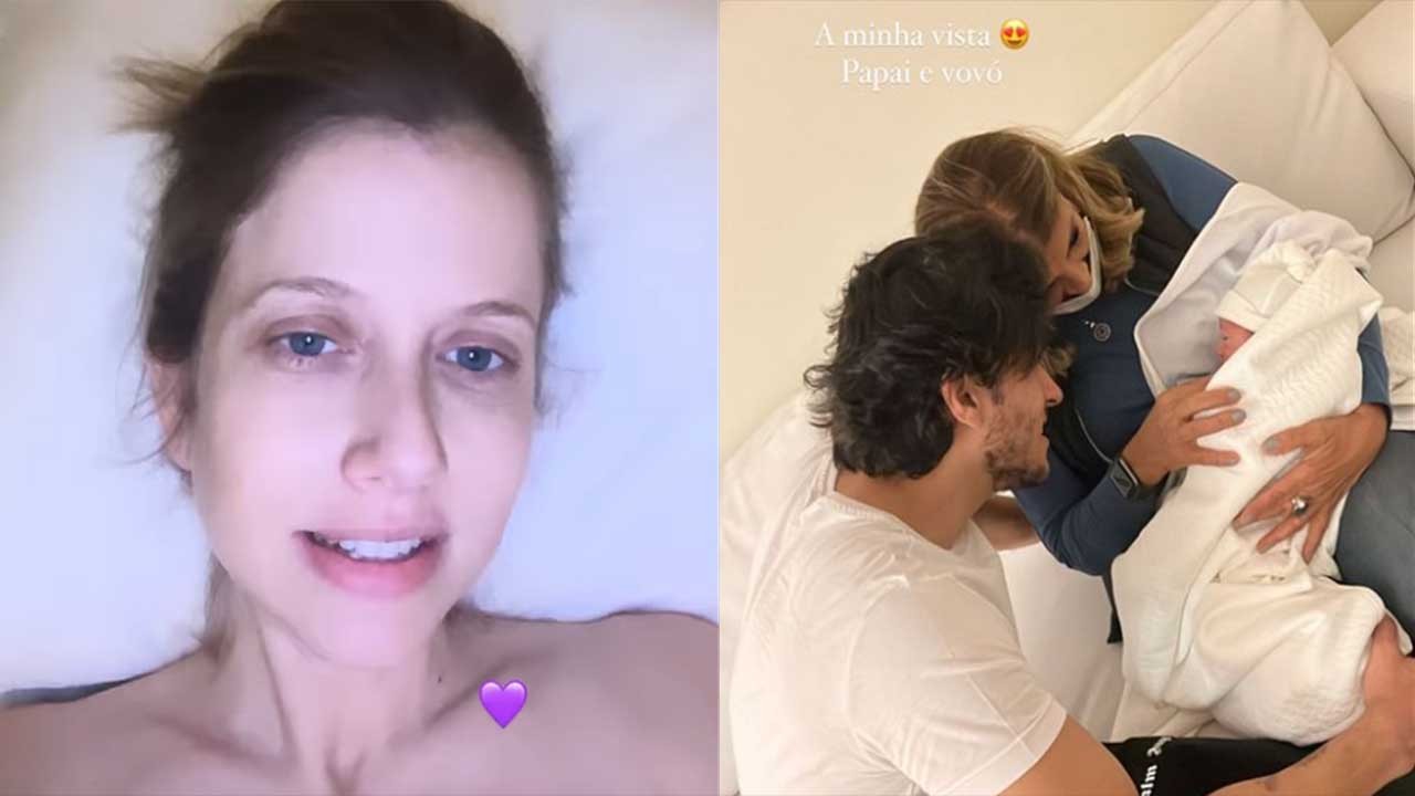 Gabriela Prioli em selfie na cama da maternidade; parentes de Gabriela Prioli segurando Ava