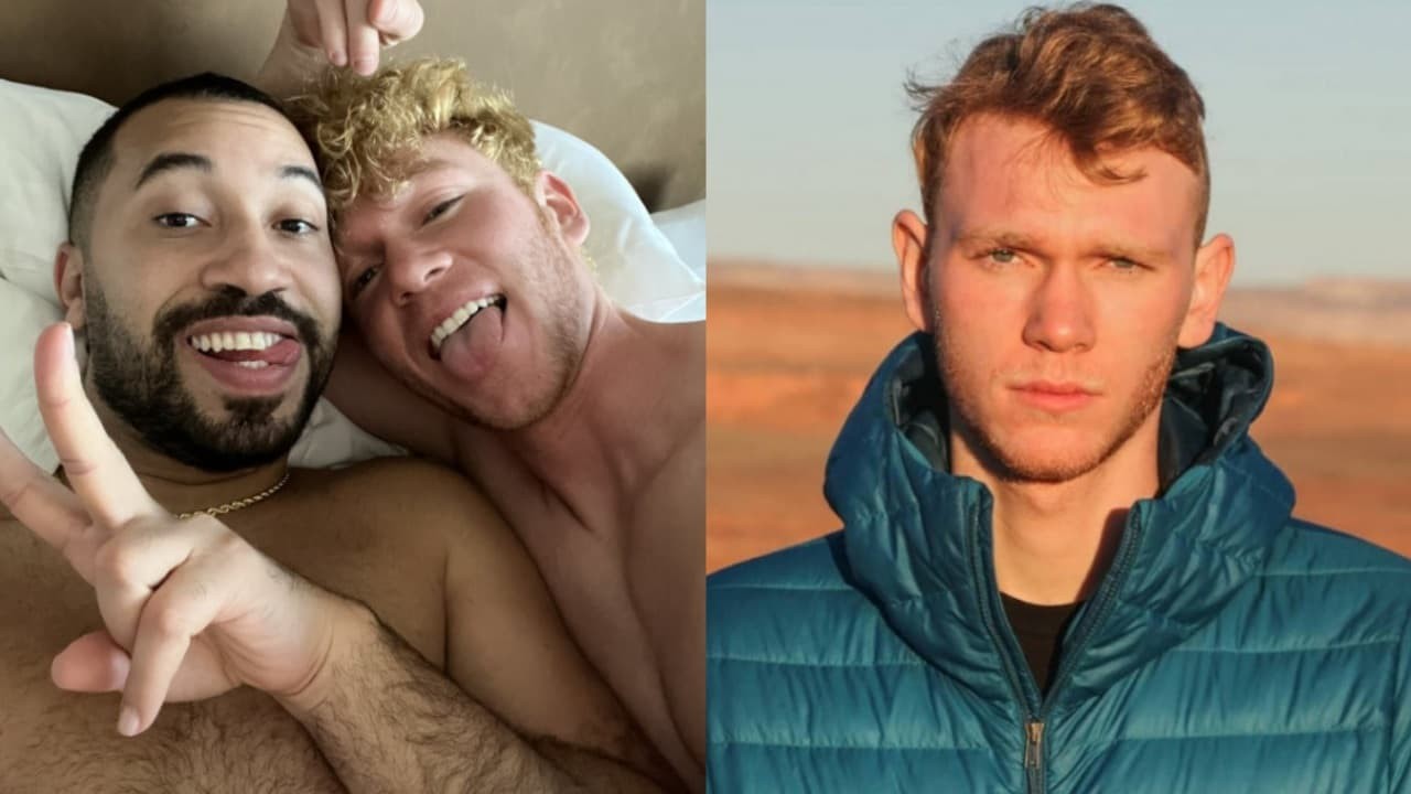 À esquerda, Gil do Vigor e Ryan Konesky posam sem camisa e deitados na cama em foto postada no Twitter; à direita, Ryan Konesky posa no deserto em foto postada no Instagram