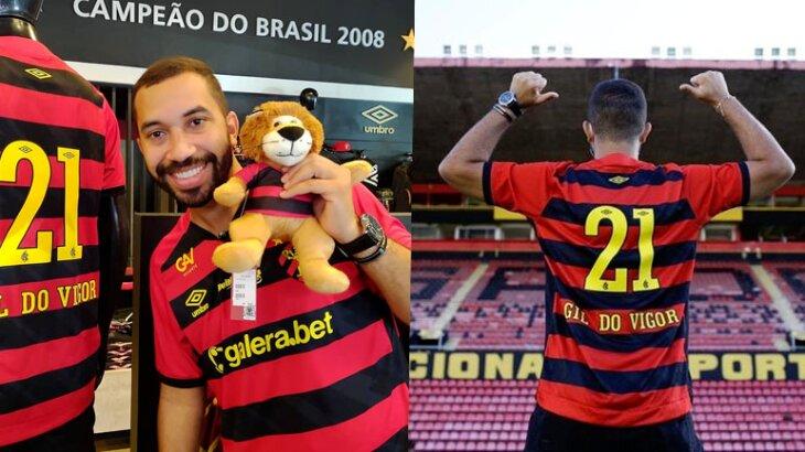 Gil do Vigor com mascote do Sport e no estádio