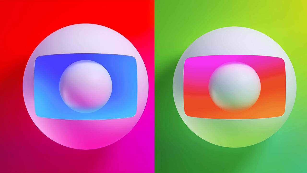 Montagem com o logotipos da Globo com fundo rosa e verde