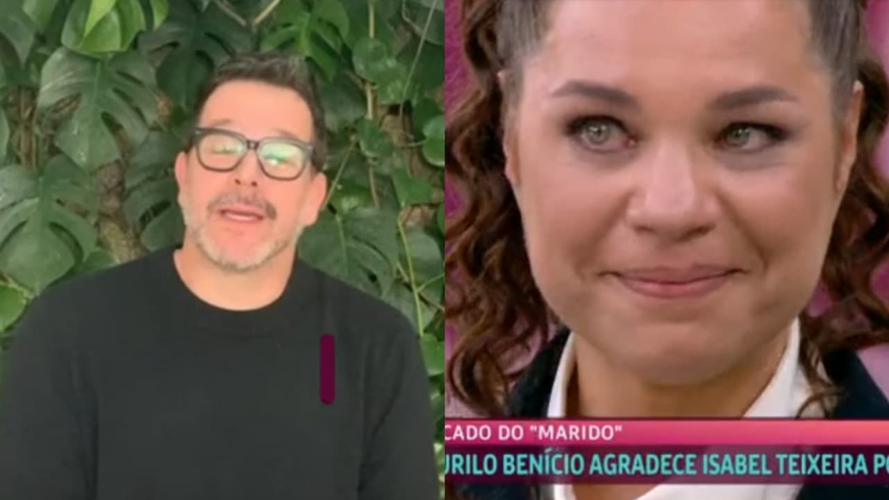 Murilo Benício e Isabel Teixeira em participação dos atores de Pantanal no Mais Você, na Globo