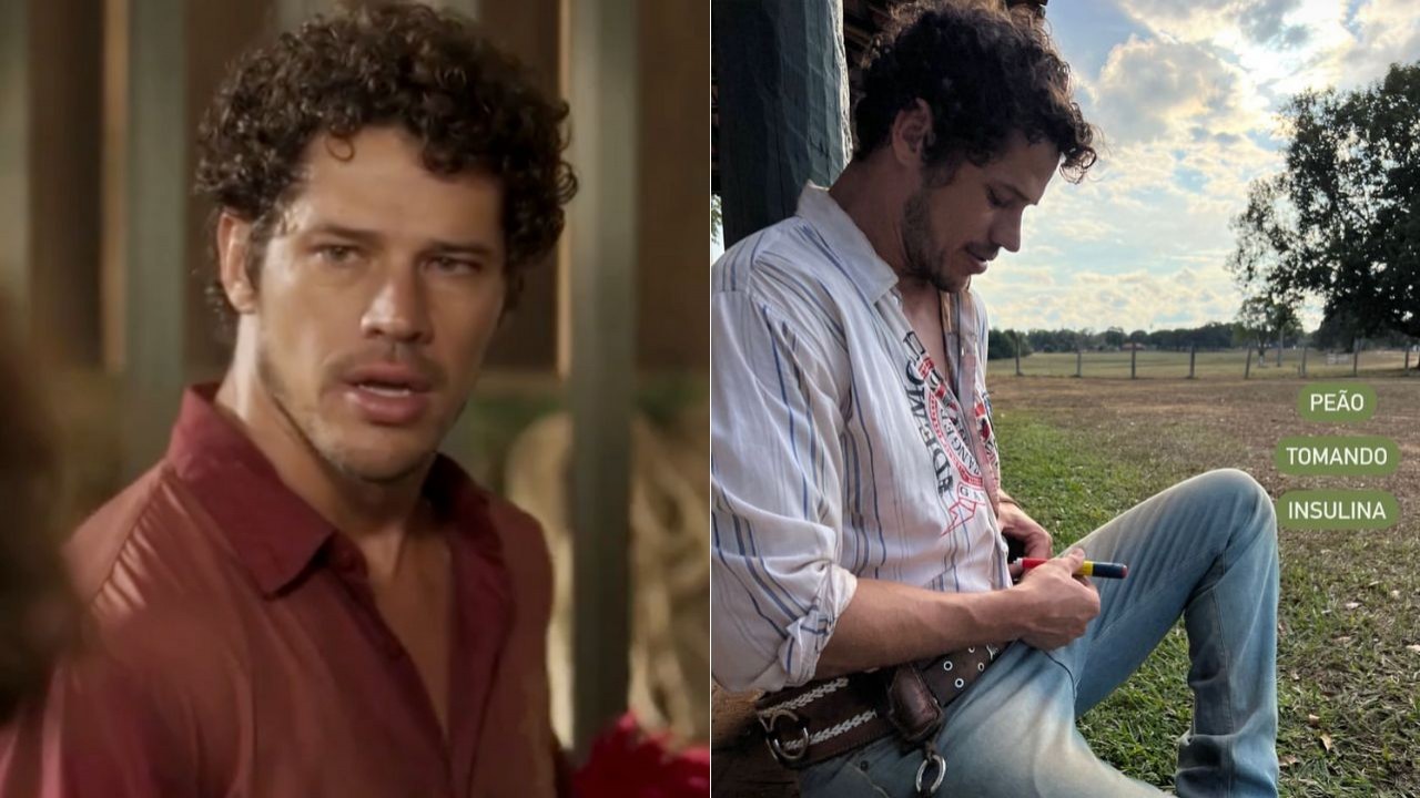 Montagem com o ator José Loreto, na esquerda ele está em cena de Pantanal; à direita, o ator está sentado e coloca seringa de insulina na barriga