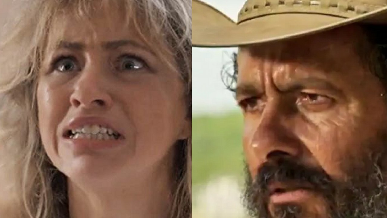 Karine Teles e Marcos Palmeira em cena na novela Pantanal
