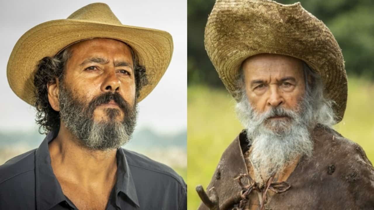 Marcos Palmeira e Osmar Prado como José Leôncio e o Velho do Rio, respectivamente, na novela Pantanal, em exibição na Globo