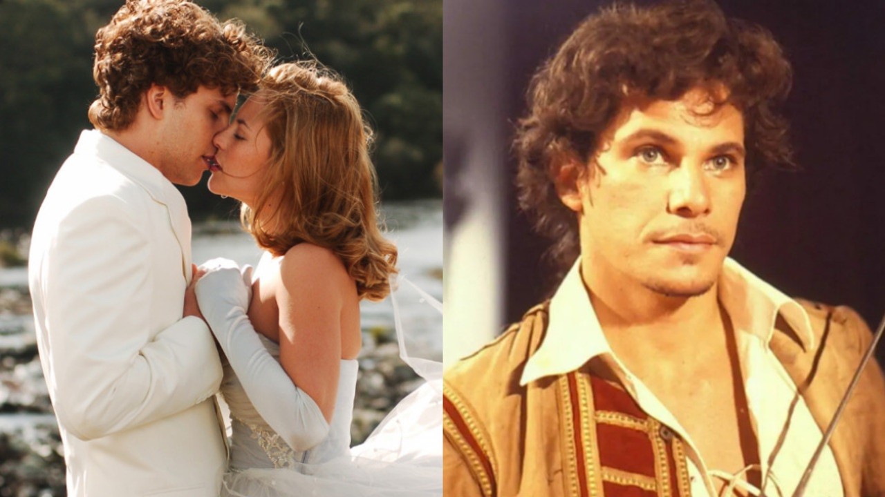 À esquerda, Thiago Fragoso e Paolla Oliveira se beijam em cena de O Profeta (2006); à direita, Edson Celulari segura uma espada na pele do herói de Que Rei Sou Eu? (1989)