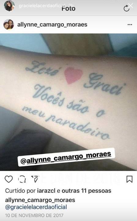 Graciele Lacerda fica \"passada\" com tatuagem que fã fez com seu nome e o de Zezé